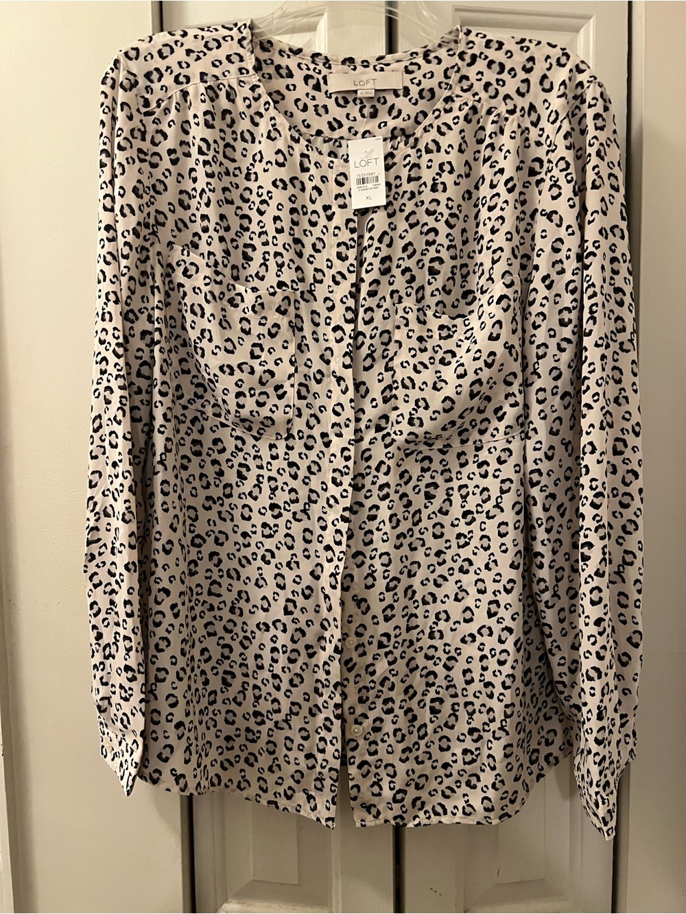 LOFT Cream and Black Leopard Print Button-Down Blouse